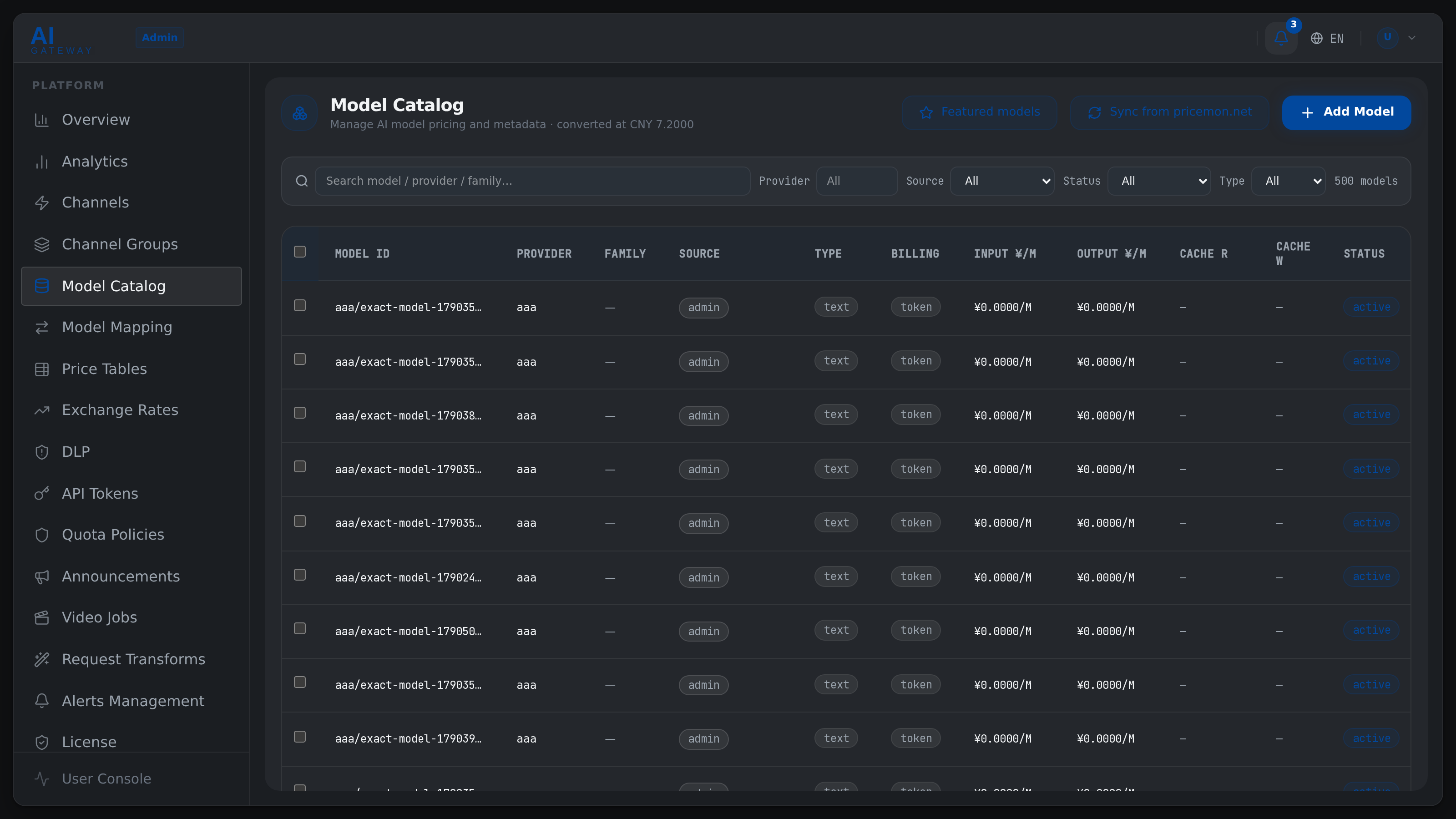 SoxAI admin console — model catalog with sync and price tiers