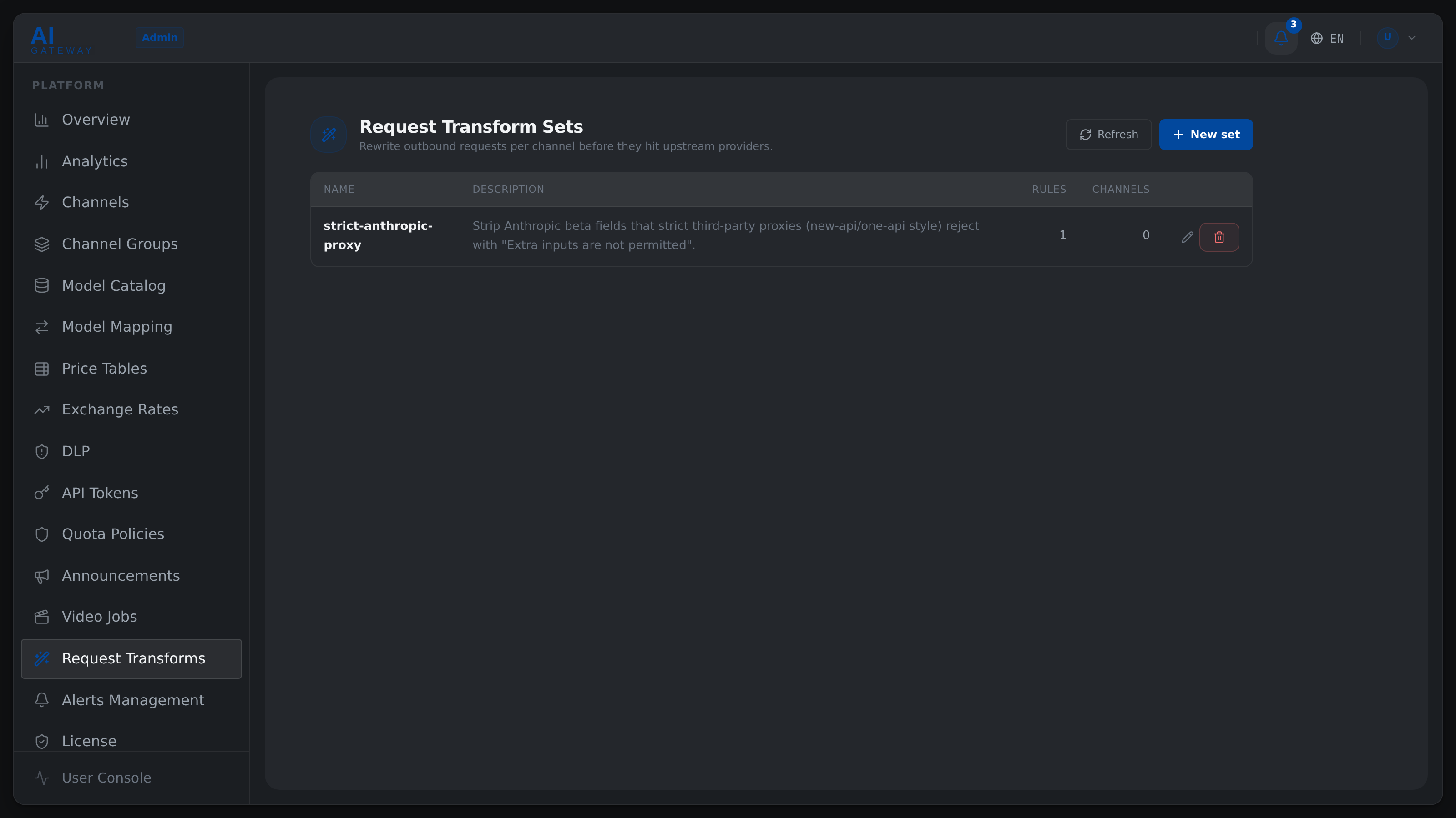 SoxAI admin console — transform sets with supported ops and matching rules