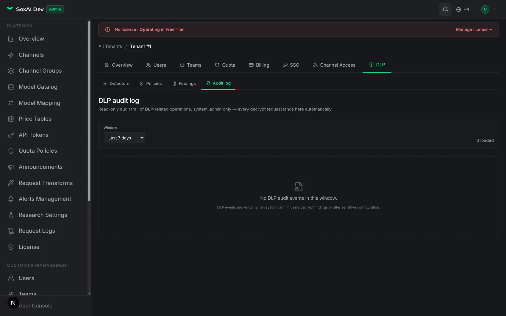 DLP audit log console — filter by event type and window, view per-row details