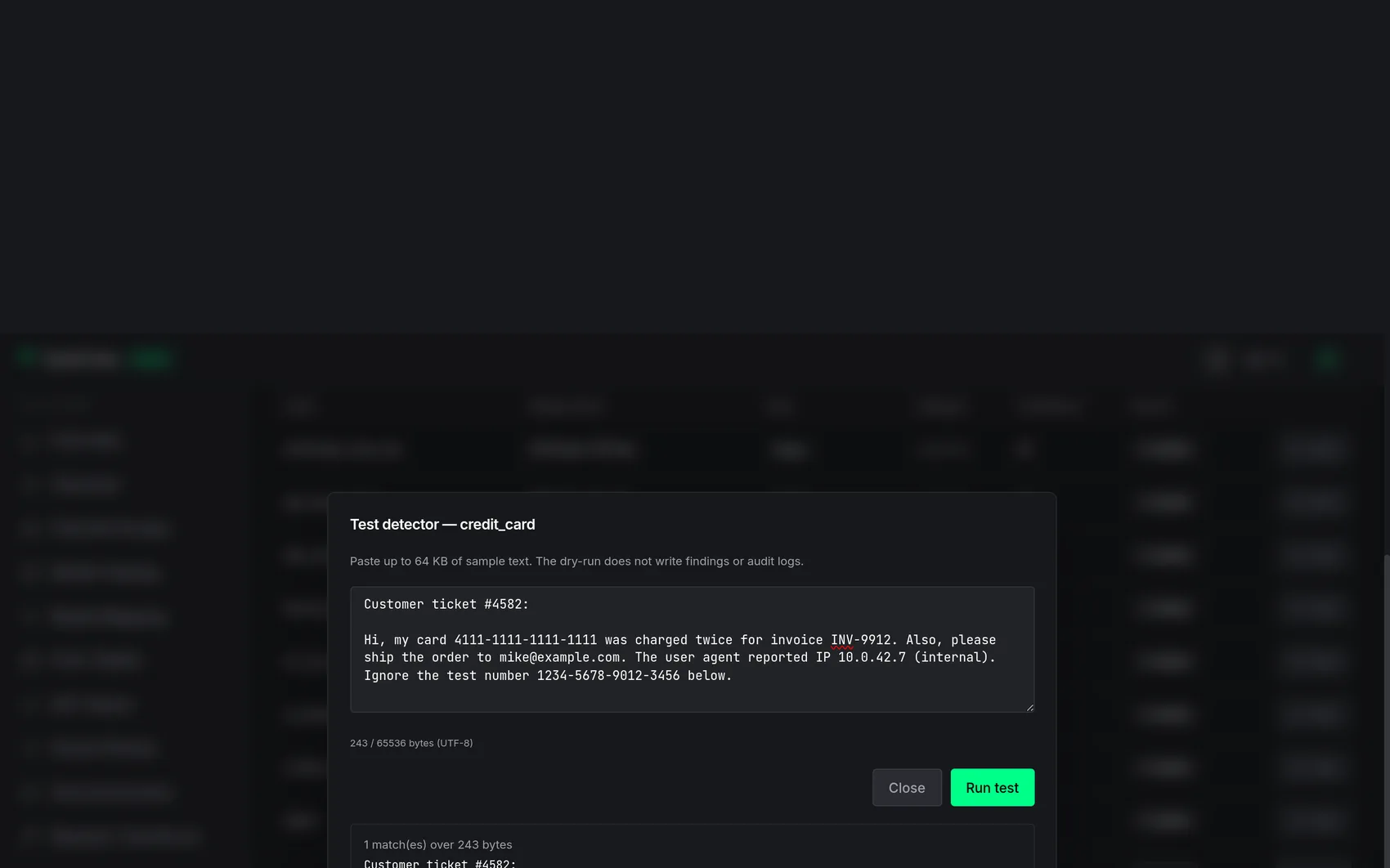 DLP detector test dialog — paste a sample, see matched spans highlighted with byte ranges and confidence scores