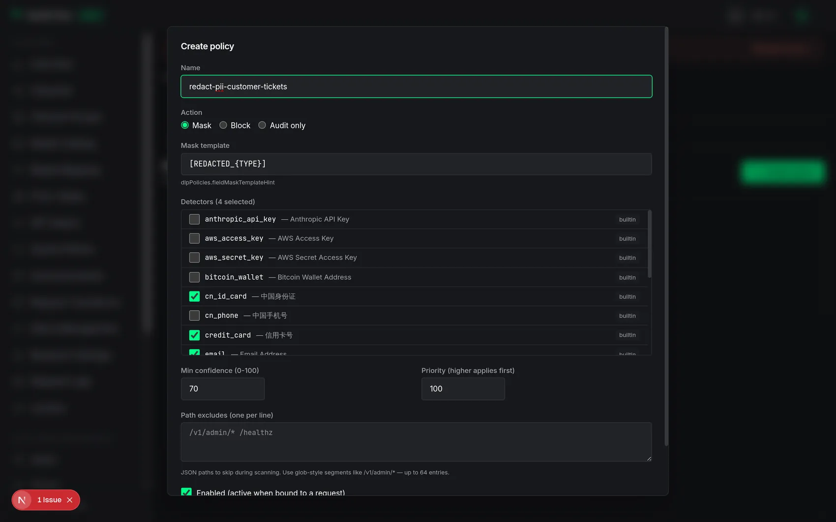 DLP policy creation dialog with detectors selected, action set to mask, confidence threshold configured